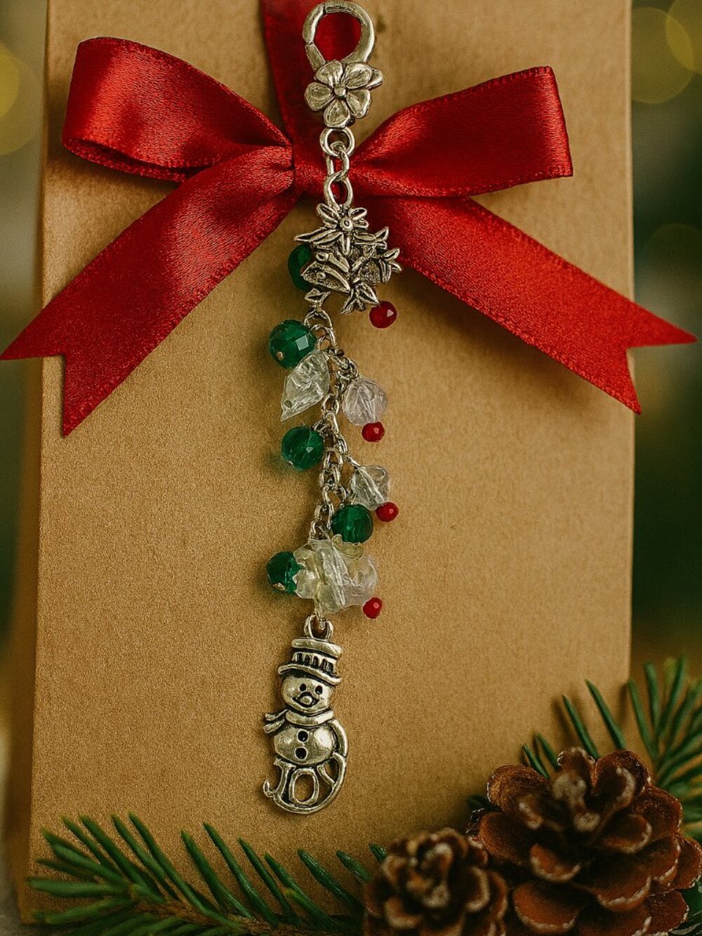 Christmas Purse Charm – Bells, Snowman & Sparkle Beads